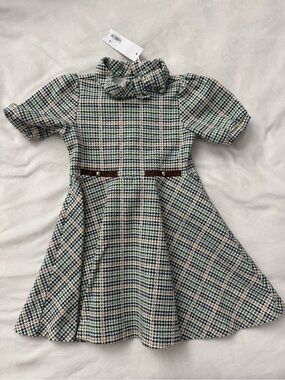 Janie and Jack Plaid Fit-and-Flare Dress in Green and Beige
